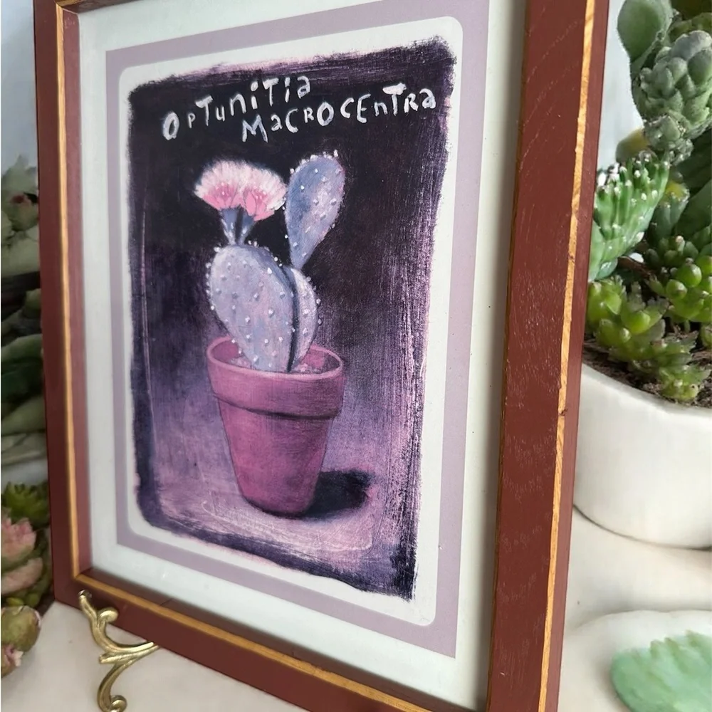 VTG Framed Purple Prickly Pear Cactus Art Painting Wood Frame Matted - Picture 2 of 3